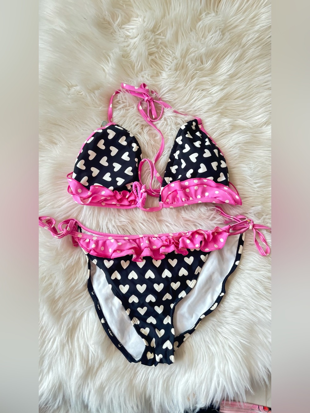 Pool Party White Heart-Print Bikini Set with Pink Ruffle Trim